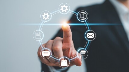 Modern business professional activating digital network interface hub