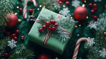 Christmas gift composition with green present snowflakes red berries candy cane and bell