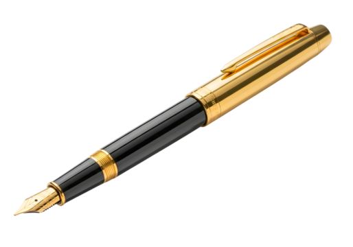 Elegant Gold and Black Fountain Pen Isolated on White Background.