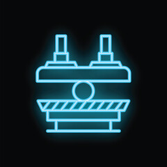 Bright blue neon icon of a hydraulic press glowing on a black background