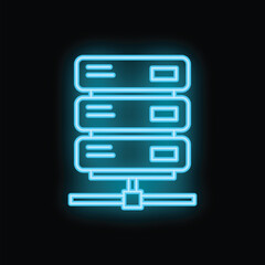 Glowing blue neon server icon, symbolizing data storage, network infrastructure, and online connectivity
