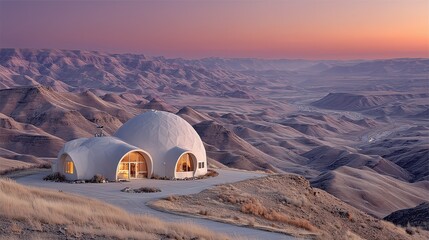 Futuristic white dome houses nestled in mountain landscape during sunset for sci-fi architecture concepts.
