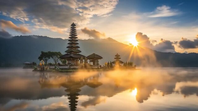 Stunning Bali Sunrise Over Serene Water Temple Timelapse