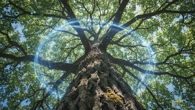 Magnificent oak tree stretching into the sky with glowing energy circle depicting life force and natures magical essence