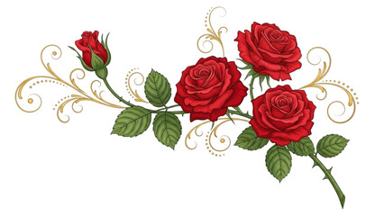 Red roses with gold ornate scrollwork on black background flower floral