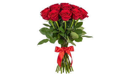 Bouquet of red roses with green leaves tied with a red satin bow flowers floral