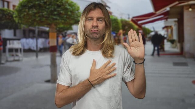 Blond man in white tee firmly holds hand on chest and raises palm on street; sincere pledge serenity.