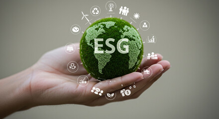Sustainable future held in hand, ESG icons symbolizing growth, environment, and community development