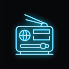 Neon radio receiver with antenna broadcasting on air waves, glowing blue on black background