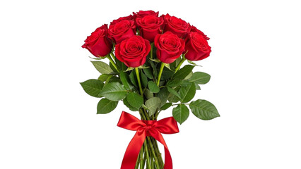 Bouquet of red roses with green leaves tied with a red satin bow flowers romance