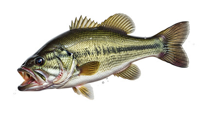 Large mouth bass fish detailed close-up isolated on white perfect for fishing and wildlife illustrations