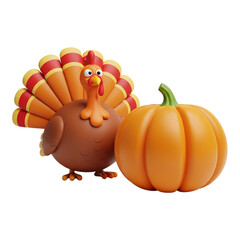 A cute 3D rendering of a cartoon turkey character standing next to a large pumpkin, symbolizing the Thanksgiving holiday and autumn harvest season