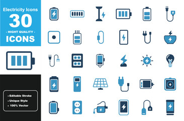 Electricity Icons – 30 Power, Energy, Charging, Battery, Plug, Socket, Voltage, Solar Panel, Electric Device Vector Set