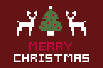Obraz premium Retro pixel art Merry Christmas scene with white deer and decorated tree on red background