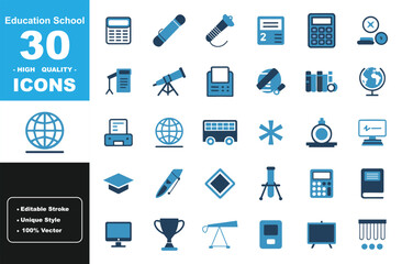 Education School Icons &ndash; 30 Learning, Teaching, Classroom, Study, Tools, Globe, Calculator, Stationery Vector Set