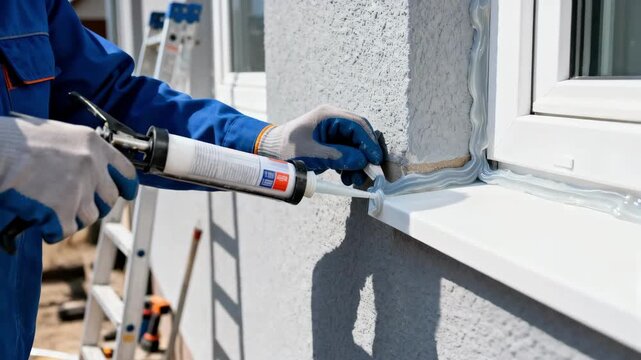 Specialist carefully sealing joints and weak spots around window frames to ensure airtightness and energy efficiency in building exteriors.
