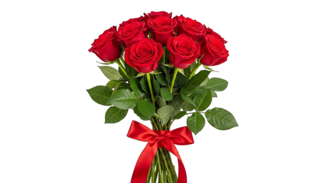 Bouquet of red roses with green leaves tied with a red satin bow flowers romance