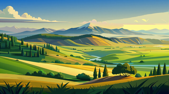 Very beautiful panoramic prairie landscape stretches across wide open grasslands, showcasing rolling hills, soft summer light, and a peaceful natural setting perfect for nature, travel, and scenic out