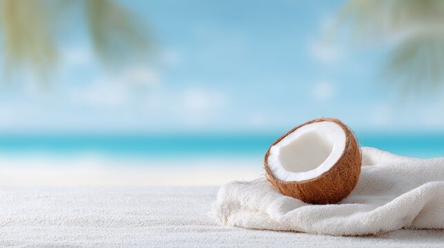 Coconut half resting on a soft towel, with a serene beach background featuring turquoise waters and blurred palm leaves, evoking a tropical paradise atmosphere