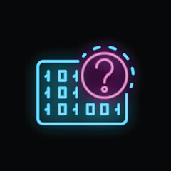 Glowing neon question mark hovering over a data array filled with binary code, suggesting uncertainty or a problem in a technological context