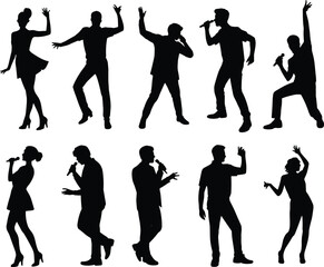 Silhouette group of singers and dancers performing on stage, artistic vector design showing musical energy, movement, and entertainment passion
