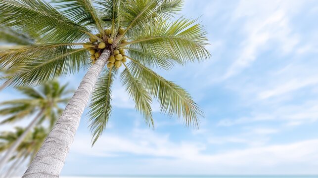 Coconut palm tree with lush green fronds swaying gently against a bright blue sky, creating a tropical paradise atmosphere with serene ocean backdrop and vibrant nature