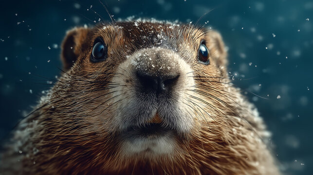Close-up portrait of a groundhog on a frosty day with visible breath, shallow focus - Powered by Adobe