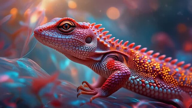 A vibrant, colorful lizard with detailed scales rests on a textured surface, bathed in soft, diffused light.