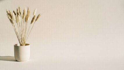 Minimalist Still Life - Dried Flowers in White Vase on Neutral Background.