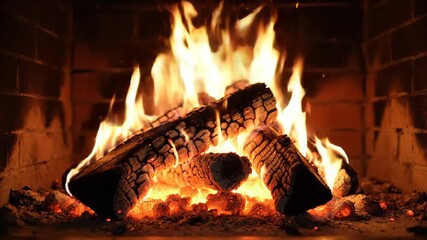 Warm Fireplace Crackling Logs Burning Brightly Emitting Orange and Yellow Flames with Glowing Embers in a Cozy Brick Hearth During a Dark Evening