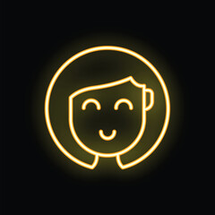 Bright yellow neon sign of a happy cartoon woman's face, on a black background
