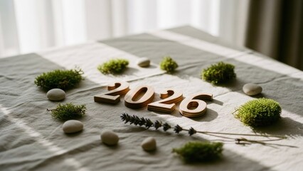 New Year 2026 concept with natural elements and soft light.