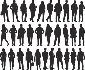 Silhouettes of diverse professionals in business attire, standing, holding objects, gesturing, teamwork, leadership, collaboration, office, corporate, communication