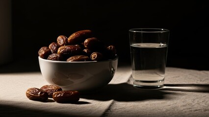 Nutritious dates and refreshing water on a table.