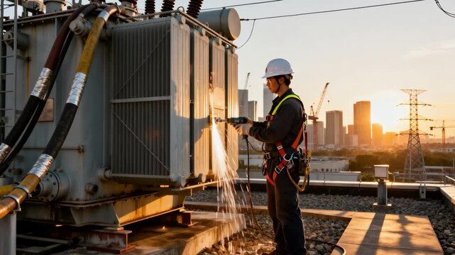 Technicians carefully align a highvoltage transformer on an urban rooftop ensuring secure connections amidst cityscape infrastructure during installation.