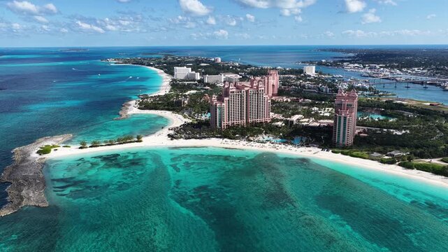 Paradise Island Skyline At Nassau In New Providence Bahamas. Caribbean Beach. Tropical Scenery. Stunning Highrise Buildings. Paradise Island Skyline In Nassau In New Providence Bahamas. Summer Travel.