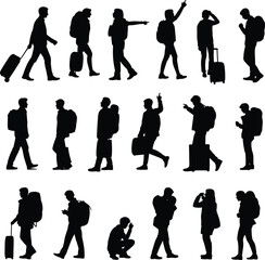 Silhouettes of travelers and commuters with backpacks and luggage, walking, standing, gesturing, lifestyle, tourism, journey, adventure, vacation