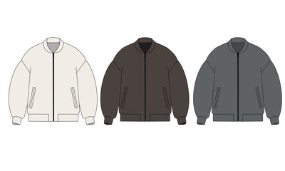 A collection of oversized bomber jackets with pockets in white, brown, and gray. A set of designs for warm everyday outerwear for mid-season wear. A mock-up of a basic unisex jacket with a zipper.