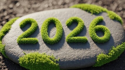 Year 2026 made of green moss on a stone representing nature and future growth.