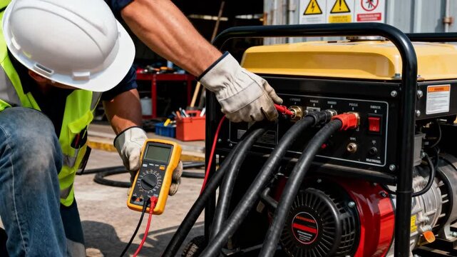 Worker connecting cables and testing a manual generator in an industrial site preparing for potential power failures with handson safety checks.