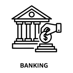 Credit and mortgage icon illustration of a bank building with columns and a hand placing a coin with a dollar sign on a pedestal