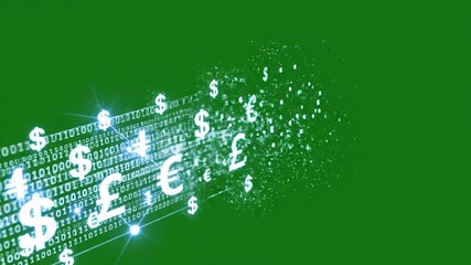 Digital Finance Stream - A Dynamic Visualization of Global Currency Symbols Flowing Through Binary Code on a Vibrant Green Background, Representing Modern Financial Technology and International Trans. - Powered by Adobe