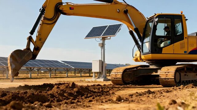 Medium framing of solarpowered equipment operating efficiently on a cleared site showcasing renewable energy integration in earthmoving tasks