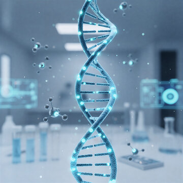 Concepto de ciencia m&eacute;dica y gen&eacute;tica: Cadena de ADN 3D brillante con iluminaci&oacute;n azul futurista y mol&eacute;culas.