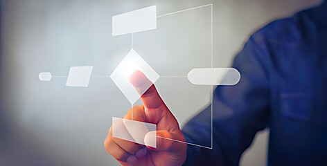 Business User Interacting with Digital Flowchart on Transparent Interface for Workflow Control