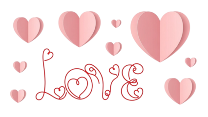 Pink paper hearts and red cursive word love on black background image
