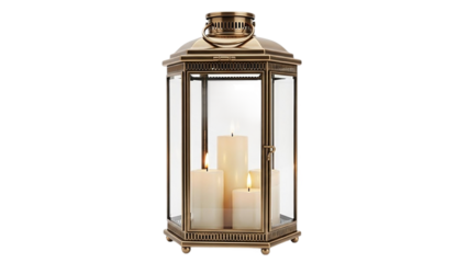 Decorative lantern with candles inside standing against a transparent  background 