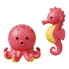 Adorable cartoon pink octopus and seahorse toys, perfect for ocean-themed play and decor