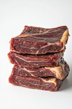 Prime Stacked Raw Beef Slices: Dark red, richly marbled steak cuts, perfect for grilling or curing, studio shot isolated on a pristine white background