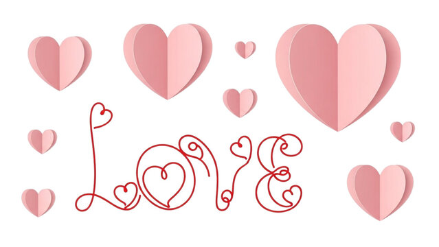 Pink paper hearts and red cursive word love on black background image